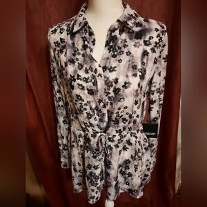 New Simply Vera Vera Wang Black and Purple Floral Drawstring Tunic Blouse
